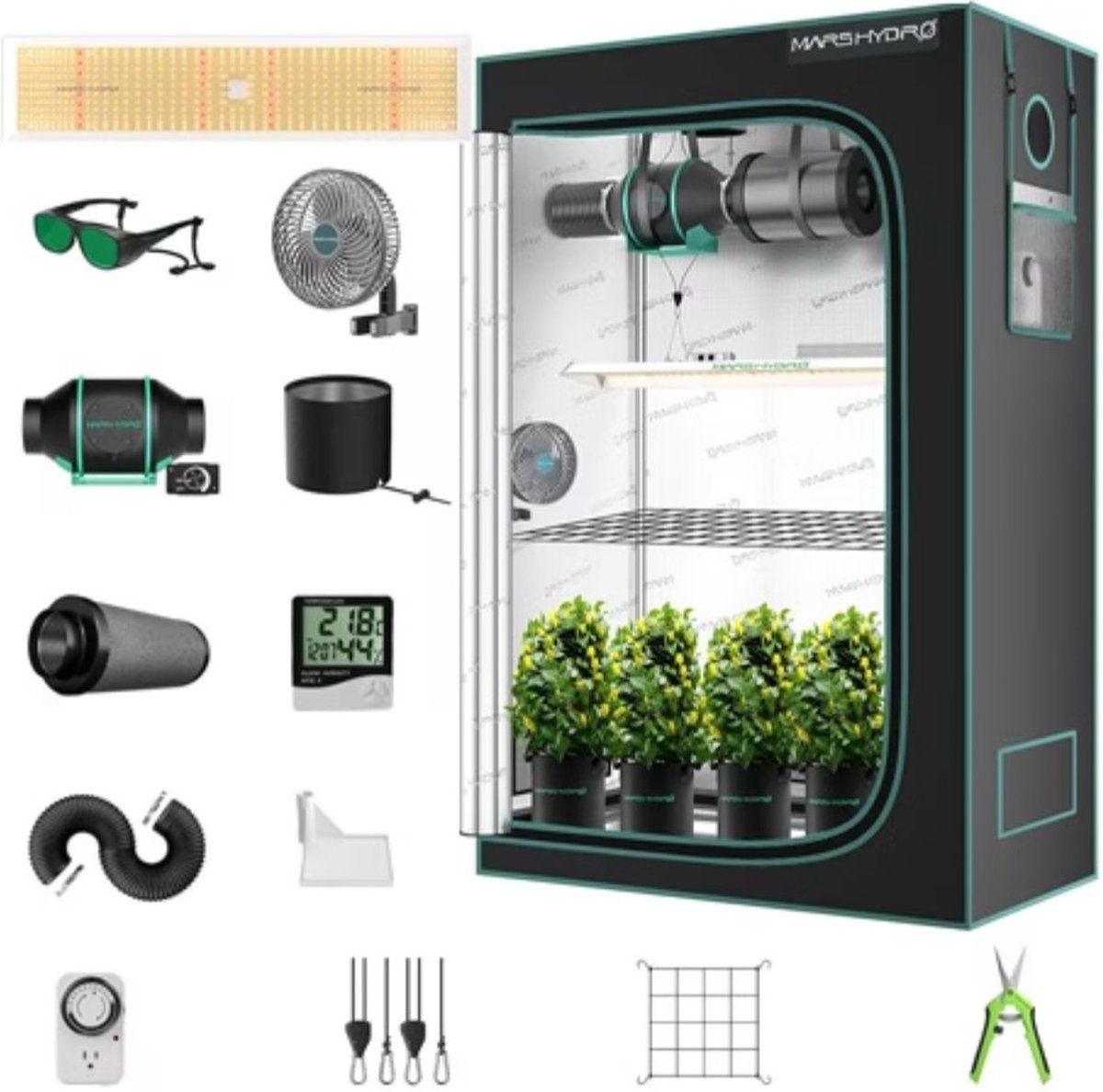 Kweektent compleet Mars Hydro TSL 2000 - Kweektent Set - Inclusief Mars Hydro TSL 2000 LED Kweeklamp - Inline Ventilator met Snelheidsregelaar - Koolstoffilter - Clip Fan - 4 Kweekzakken - Digitale Hygrometer/Thermometer