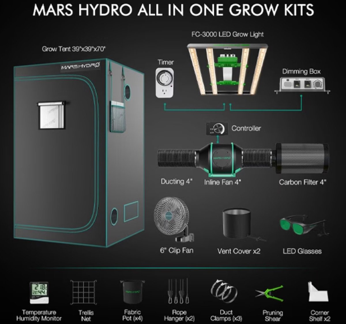 Kweektent compleet Mars Hydro FC 3000 EVO - Kweektent set - Inclusief Mars Hydro FC 3000 EVO LED-kweeklamp Kweektent van 100 x 100 x 180 cm - 6-inch ventilator met snelheidsregelaar Koolstoffilter 6,5-inch clip-on ventilator 6 kweekzakken - Timer