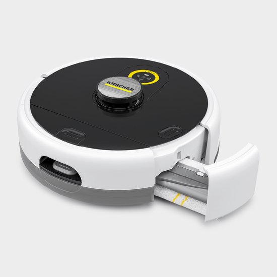 Witte Kärcher robotstofzuiger met zwarte bovenkant, stofbak zichtbaar aan de zijkant.