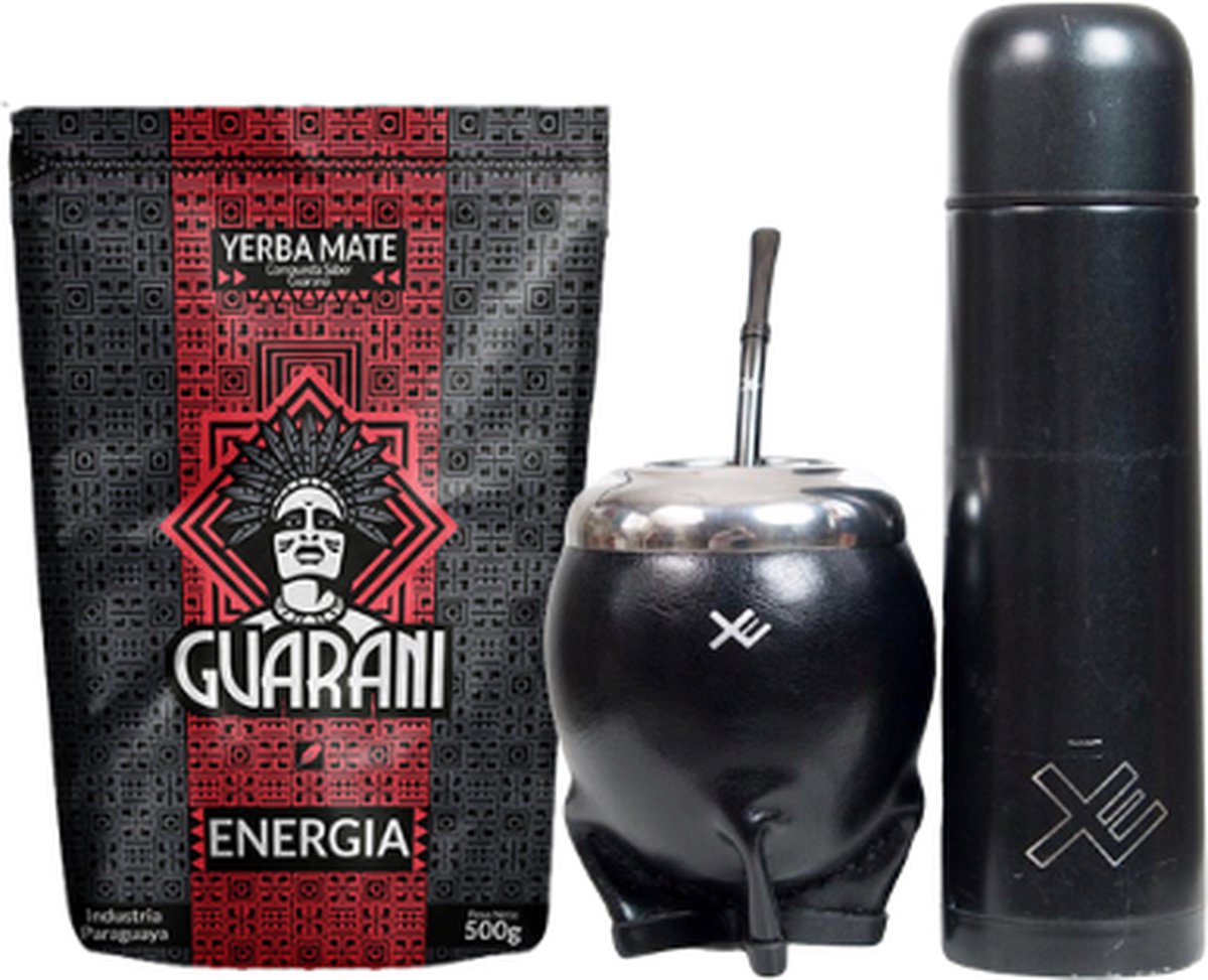 EquisMate - Yerba Mate thee - Complete Set - Thermosbeker - Keramische Kalebas - Bombilla - Losse Thee - Guarana - Biologisch - Zwart