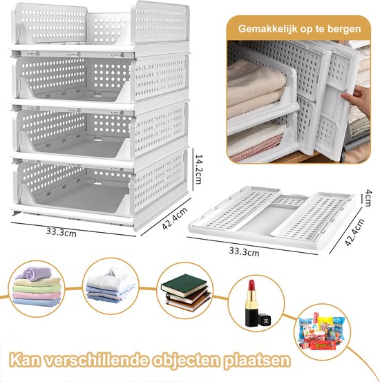 4 stuks kledingkast-organizer Stapelbare opbergdoos kast