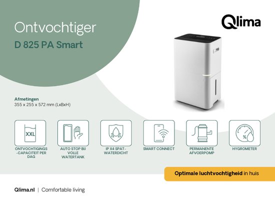 Brochure van de Qlima D 825 PA Smart luchtontvochtiger met illustraties van functies zoals XXL capaciteit en Smart Connect.
