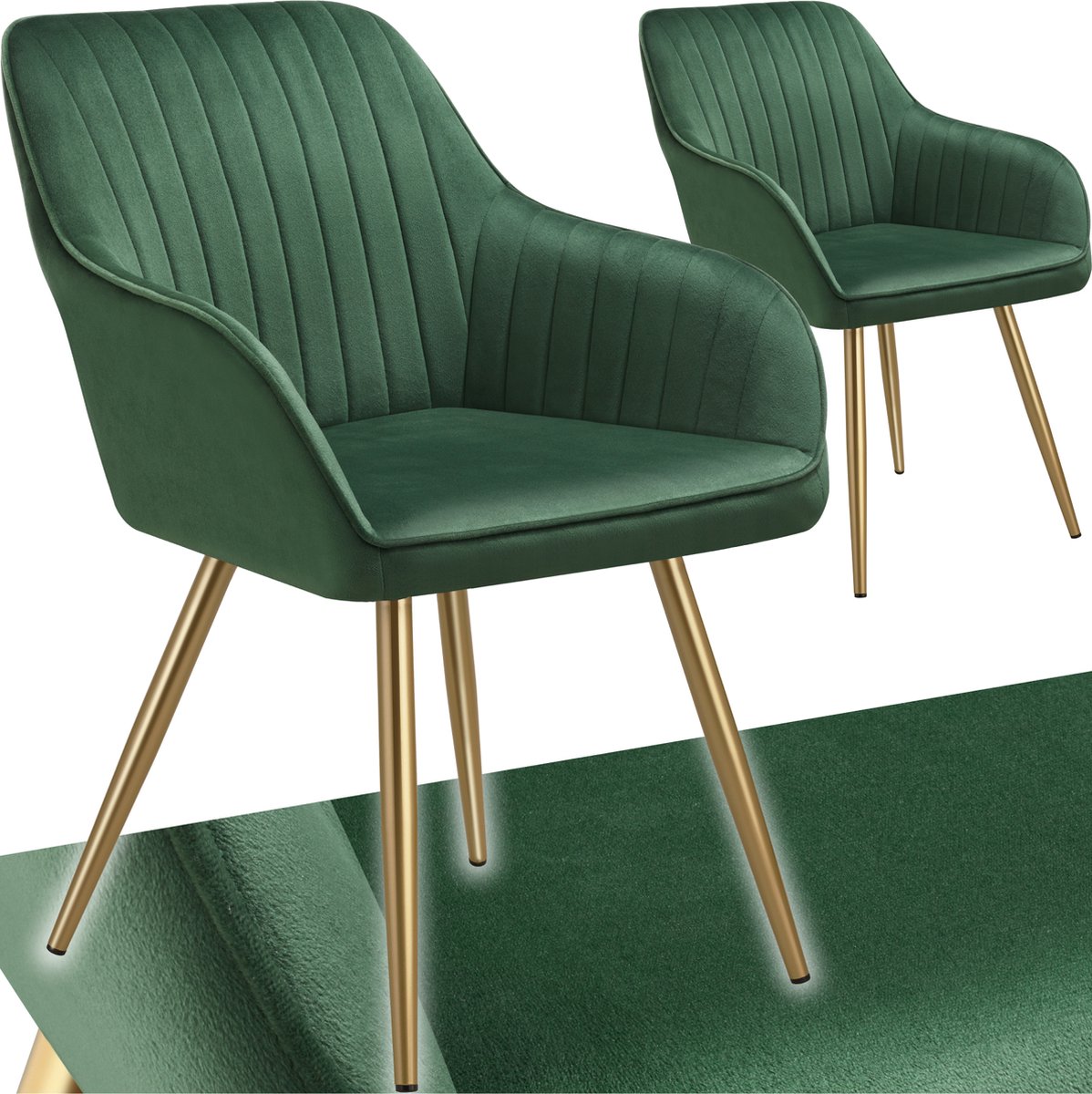 Tectake Eetkamerstoelen Marilyn - Set van 2 - Gestoffeerde Stoel in Fluweellook - Doorgestikt - Zwarte Stoelpoten - Ergonomische Keukenstoel - Doorlopende Rugleuning en Armleuningen - Stoel voor Woonkamer, Eetkamer, Slaapkamer - Groen