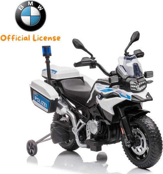 Witte politiemotor met BMW logo, "POLIZEI" opschrift, zijwieltjes, zwaailicht en grote banden.