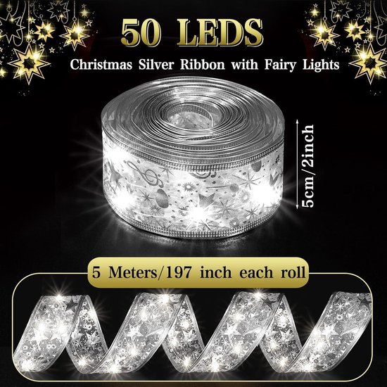 Lichtsnoer met glanzende band, lintverlichting, kerstboom, 5 m, 50 leds, kerstverlichting, glitterband, strikken, verlichting voor feest, kerstboom, decoratie, lichtketting, vakantiedecoratie