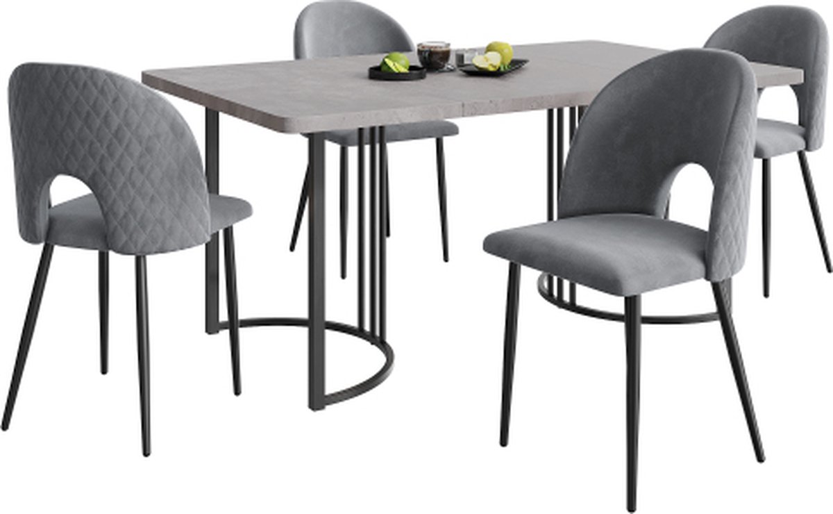 Gotagee Tafelset met 4 stoelen Grijs fluwelen Eetkamerstoel Verstelbare stoelpoten Keukentafelset met MDF tafelblad in grijs Zwarte tafelpoten