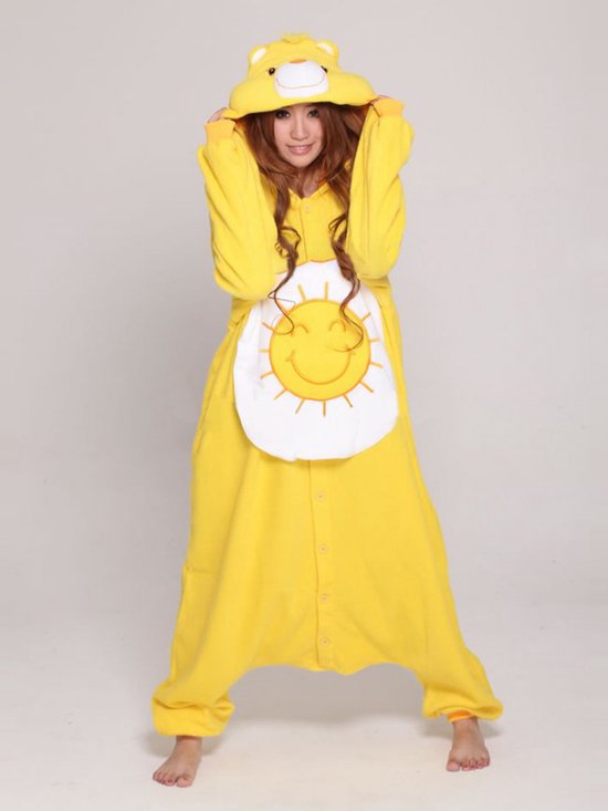 KIMU Onesie Gele Troetelbeer Pak - Maat S-M - Troetelbeertjes Pak Funshine Bear Zon 158 164 - Kostuum Berenpak Beer Volwassenen Dames Heren Halloween