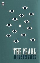 Boekcover van 'The Pearl' door John Steinbeck met een turquoise achtergrond, getooid met oog-illustraties en de titel.