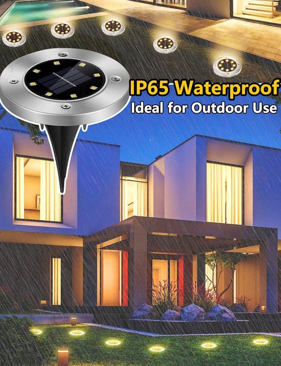 btfarm 10 stuks vloerverlichting op zonne-energie, voor buiten, 8 leds, waterdicht, voor tuin, gazon, oprit, looppad, patio, warm wit