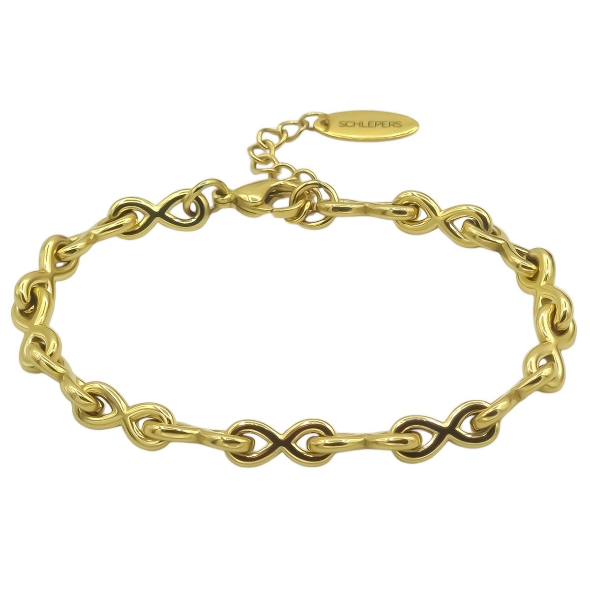 Dames Schakelarmband - Premium Verguld Staal - Infinity Schakel - 6 mm Breed - Verstelbaar (17+3 cm) - Goudkleurig