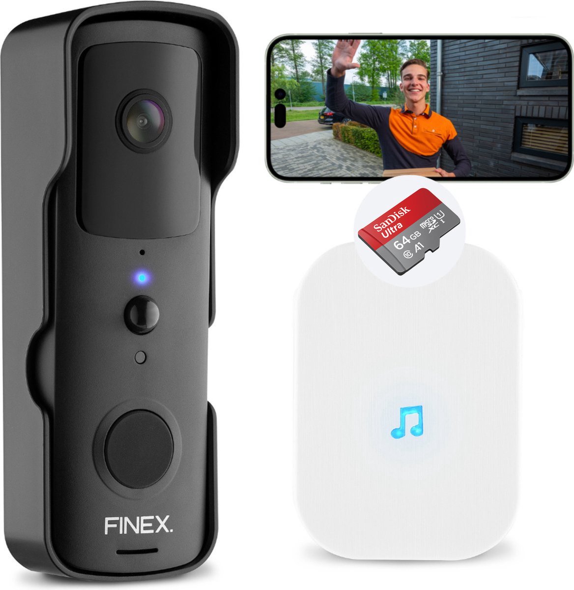 Finex™ Video Deurbel - Inclusief binnenbel, SD kaart (32GB) & batterijen - Dag en nachtmodus - T-ring geluid - Zonder abonnement - Draadloze deurbel - Deurbel met camera