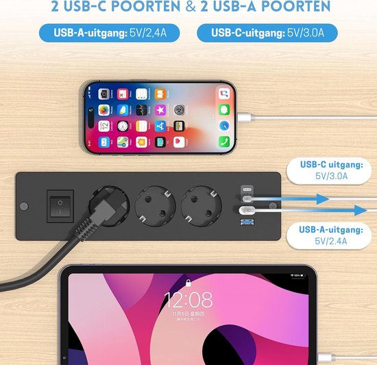 TESSAN USB Wandstekkerdoos 4 Type E Stopcontacten met 1 USB C en 2 USB A Stopcontacten, 7 in 1 USB C Stekkerdoos met Schakelaar 4000 W, USB Stekkerdoos voor Thuis, op Kantoor, Grijs