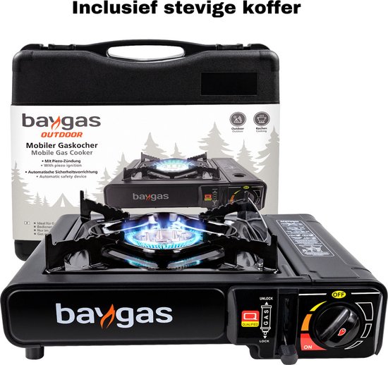 Baygas® Draagbaar Gasfornuis - Camping Gas Kooktoestel 1-pit - Inclusief Koffer - Inclusief 2x Gasflessen - Campingcooker - Portable Camping Gas Stove - Met Extra Hitte-isolering - Zwart — afbeelding 4