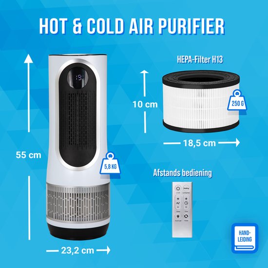 Afmetingen van een witte luchtreiniger (55cm hoog, 23,2cm breed), een HEPA H13 filter (10cm hoog, 18,5cm breed), met gewichten en een afstandsbediening.