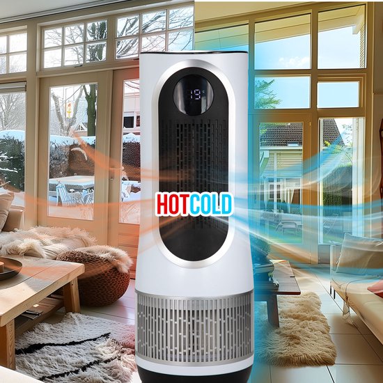 Witte luchtreiniger in een woonkamer, half in een winterse setting, half in een zomerse setting, met rode en blauwe luchtstromen en de tekst 'HOT COLD'.
