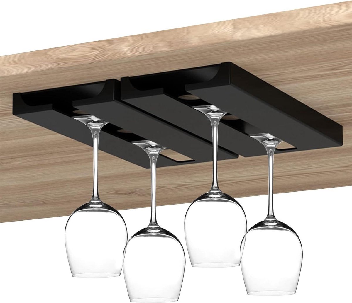 Wijnglazen Rek Geen Boren - Hangend Glaswerk Organizer Hanger voor Barkast - Keuken Onder Plank - Kast Opbergrek (4 stuks zwart)