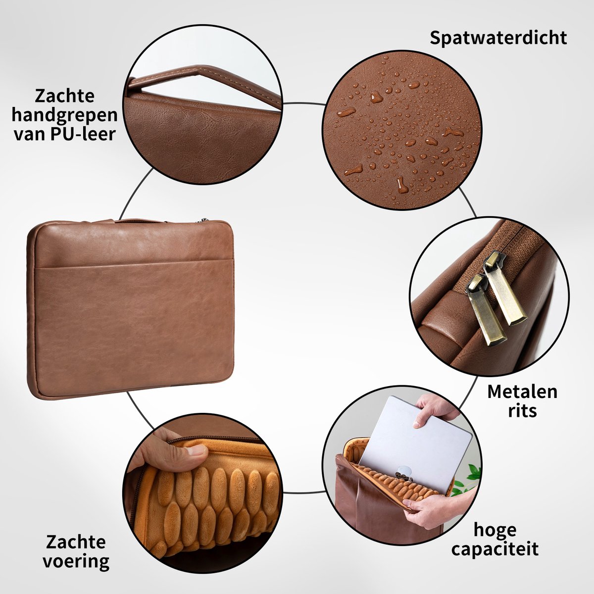 Leren laptopsleeve 14 inch bruin spatwaterdicht met schuim bescherming en extra vak voor MacBook Pro Air - Afbeelding 4