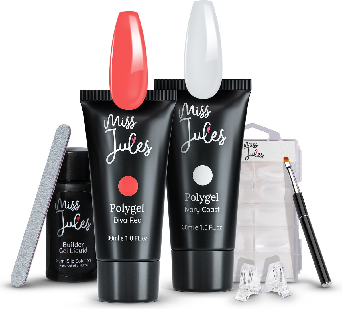 Miss Jules® Luxe Complete Polygel Kit - Gel Nagellak & Gellak Set - Manicure Set Incl. Nail Tips - 30 ml Rood/Wit - Polygel Nagels Starterspakket - HEMA & TPO vrij - Incl. Instructievideo