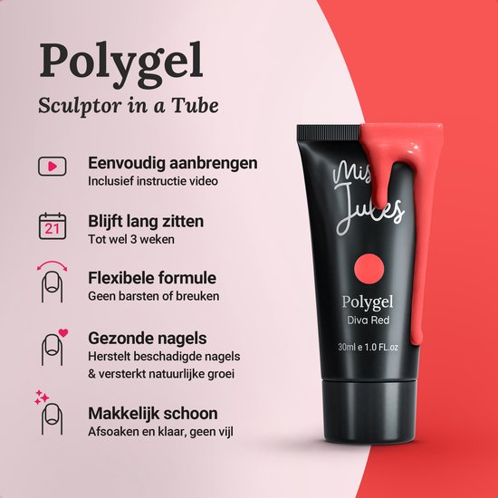 Zwarte tube Miss Jules polygel Diva Red met rode gel eromheen, met tekst over de voordelen.