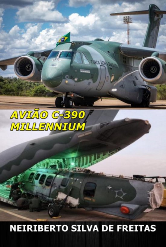 Een groot militair transportvliegtuig, het Avião C-390 Millennium, met Braziliaanse vlag en tekst 'Força Aérea Brasileira'.