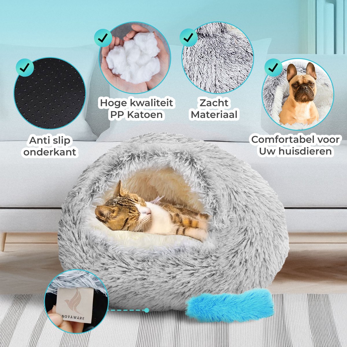 Kattenmand - Kattenbed - Kattenmandje Poes - Kattentunnel Pluche - Poezenmand - Kattenspeelgoed - Reismand Kat - Inclusief 3 Kattenspeeltjes – foto 2