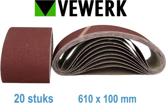 Een rol bruine schuurbanden en een stapel bruine schuurbanden met witte streep, 20 stuks, 610 x 100 mm.