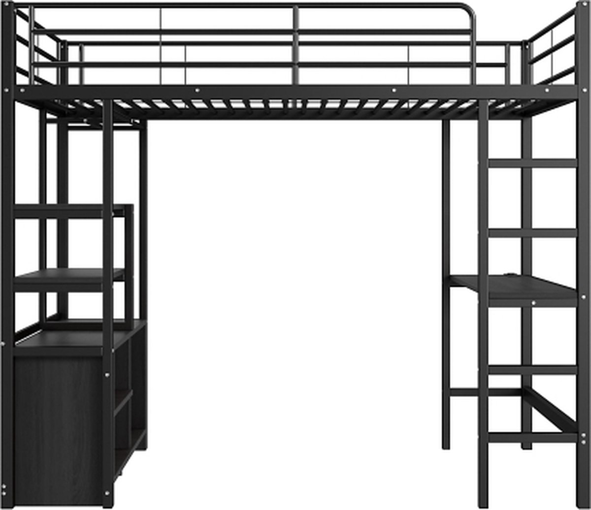 Gotagee Hoogslaper met bureau USB Meerdere planken ijzeren frame 90x200cm met open opbergkast jeugdbed volwassenbed metalen bed kinderbed
