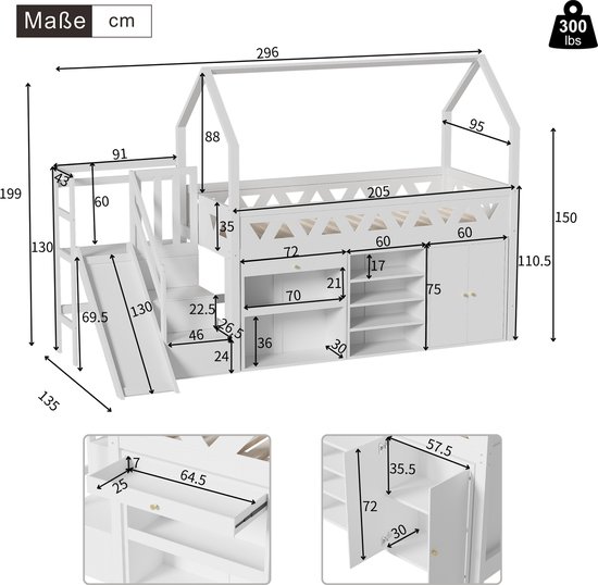 Sweiko Lit enfant, Lit simple, Lit enfant multifonctionnel, avec toboggan et escalier, avec tiroirs et casier, avec porte magnétique, sans matelas, bois massif, Wit, 90*200cm