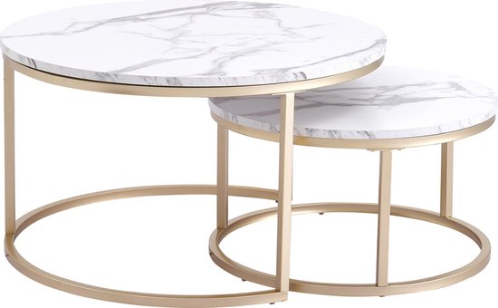 2 in 1 ronde salontafel van MDF, bijzettafel met marmeren tafelblad en laden van kunststof rotan, gouden ijzeren poten, massief houten grepen. 70 x 70 x 45,5 50 x 50 x 38,5 cm