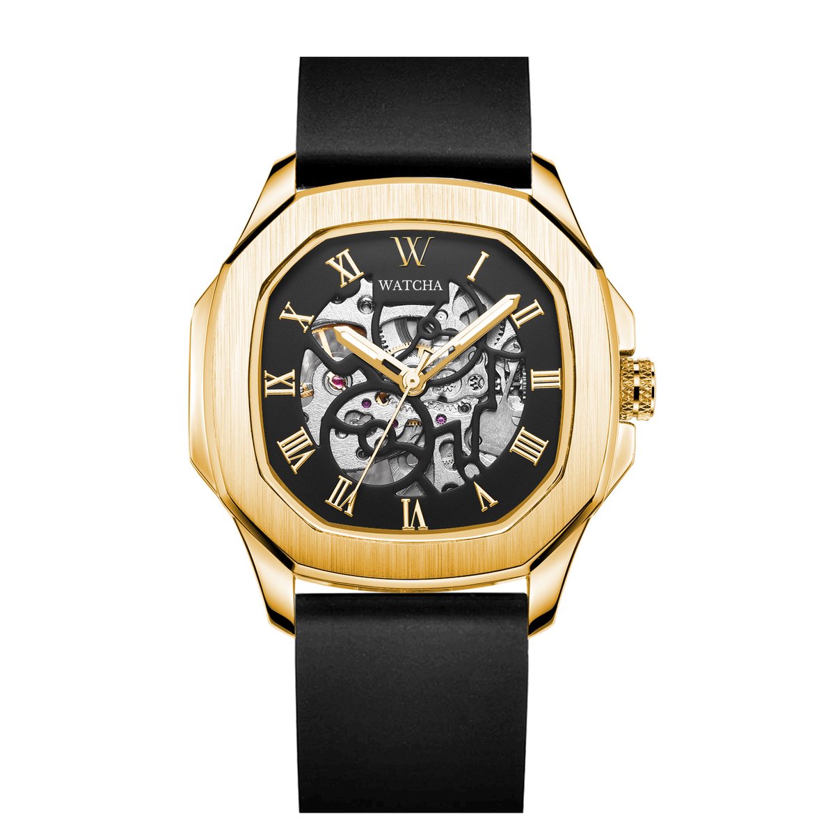 Watcha Skeleton - Unisex Horloge - Aurum Gold - 43mm - Vierkant
