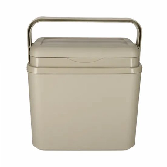 Taupekleurige koelbox met een rechthoekig design, een vast deksel en een opklapbaar handvat.