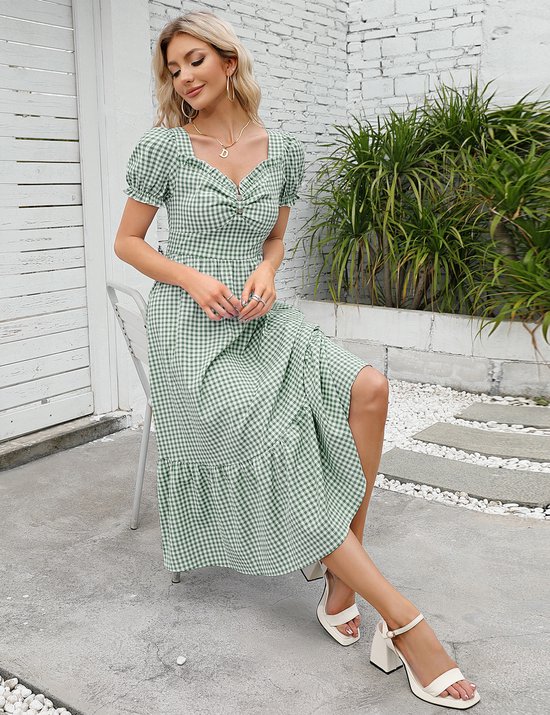 Damesjurk Casual Lange Zomerjurk Korte Mouw Swing Midi Jurk A-lijn Casual Jurk met Hoge Taille Groente XXL