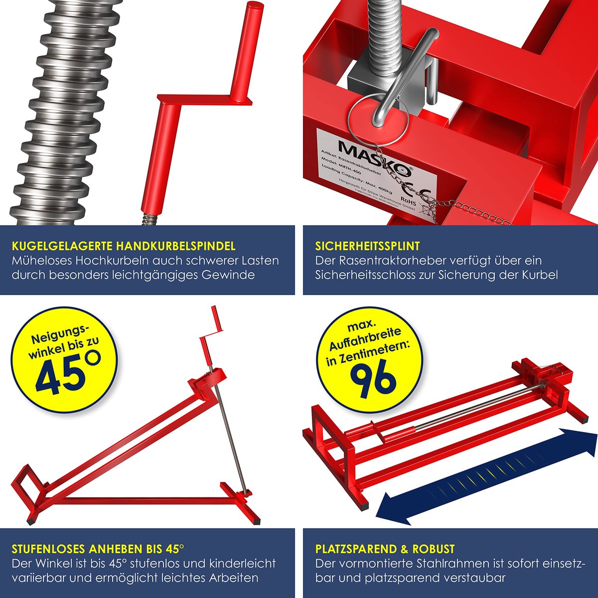 MASKO® Zitmaaierkrik 400kg Lift voor Zitmaaier | Zitmaaierlift Krik Systeem Universeel Grasmaaier | Grasmaaierheffer 45° kanteling verstelbaar Hefbrug Reinigingshulp, Zwart