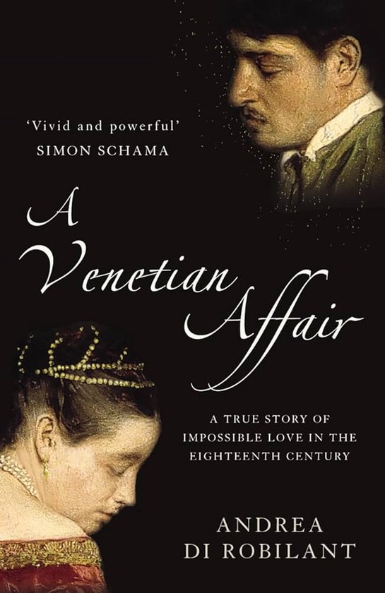 Boekcover van 'A Venetian Affair', met illustraties van een man en een vrouw uit de 18e eeuw.