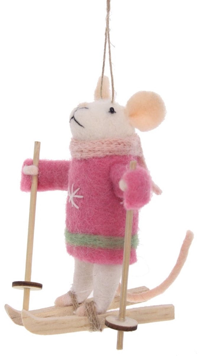 Muis met ski's roze jas hangend vilt 9x7x11cm