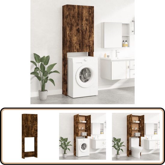 vidaXL Wasmachinekast - Gerookt Eiken - 64x25,5x190 cm Wasmachinekast - Badkamerspiegel - Badkameropstelling - Opslagruimte - Spaanplaat Meubel