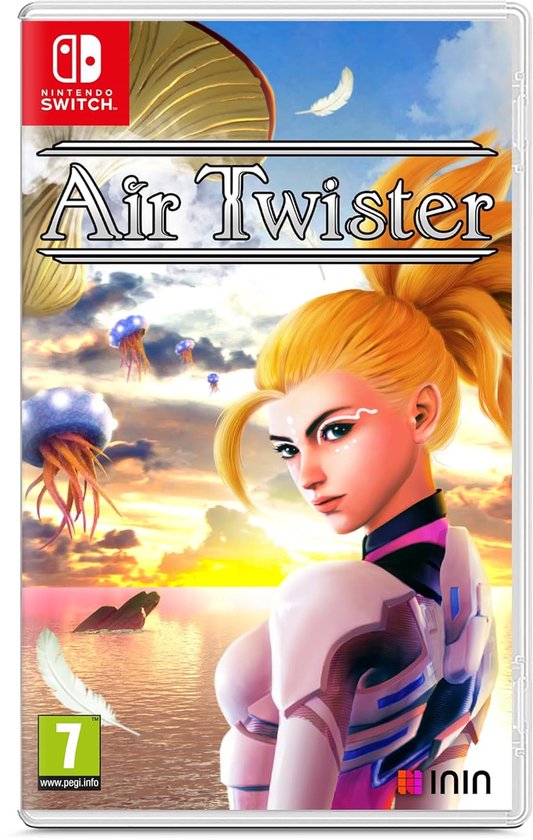 Air Twister Nintendo Switch gamehoes met een blonde vrouw in een paars-wit pak, met gigantische paddenstoelen en kwallen.