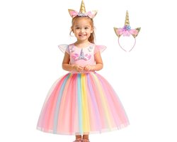 Joya Kids® Roze Eenhoorn Verkleed Jurk | Unicorn Jurk kostuum | Prinsessen jurk verkleedjurk + Haarband | Maat 134-140 (140) | Cadeau meisje