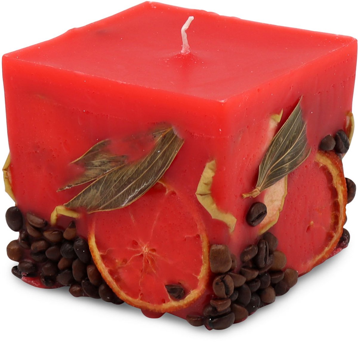 Potpourri geurkaars AARDBEI met een zachte noot van sinasappel en koffie - 9x9x9 cm handgemaakte geurkaars KERS ROOD