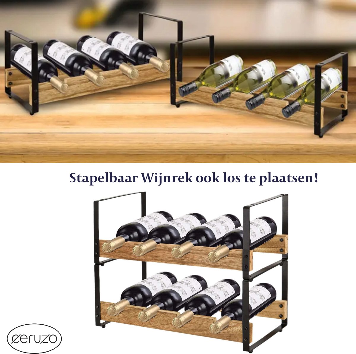 Wijnrek Stapelbaar – Wijnfleshouder Metaal Hout – 8 Flessen – Wijnopslag – 39.5x18x31 cm — cadeau in Wonen & Interieur - foto 2