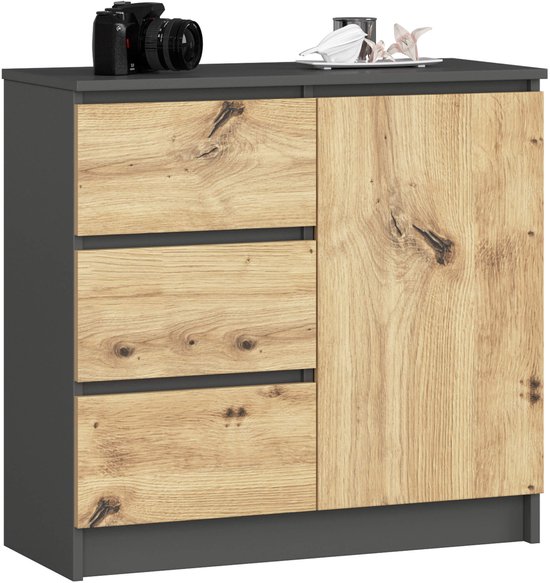 Donkergrijze kast met drie houten lades en een gesloten kastdeur met houten accent.