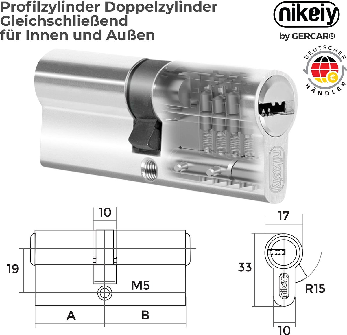 GERCAR Pro gelijksluitend 10 x cilinderslot 35/35 set 10 profielcilinders incl. 50 sleutels - 70 mm deurslot cilinderslot 10 cilinder - lengte: 70 mm, A:35 B:35 - messing mat massief