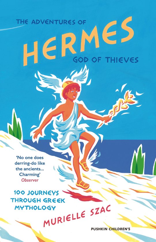 Boek 'The Adventures of Hermes, God of Thieves' met een illustratie van Hermes met vleugels en een staf.