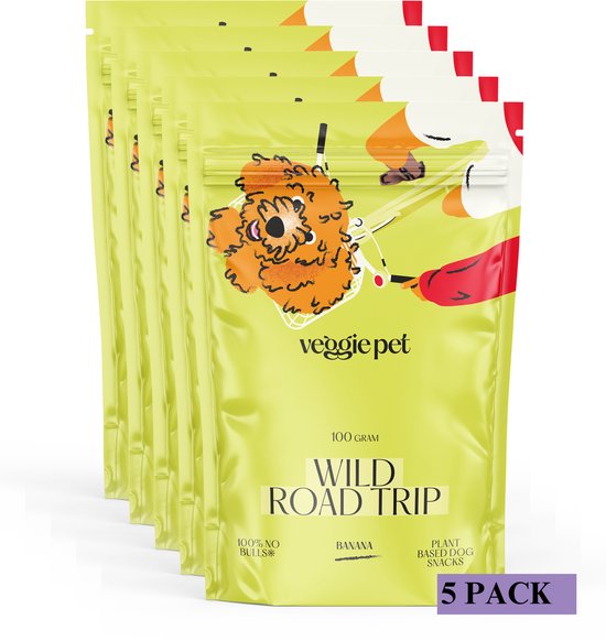 Vijf verpakkingen VeggiePet hondensnacks 'Wild Road Trip' in de smaak banaan.