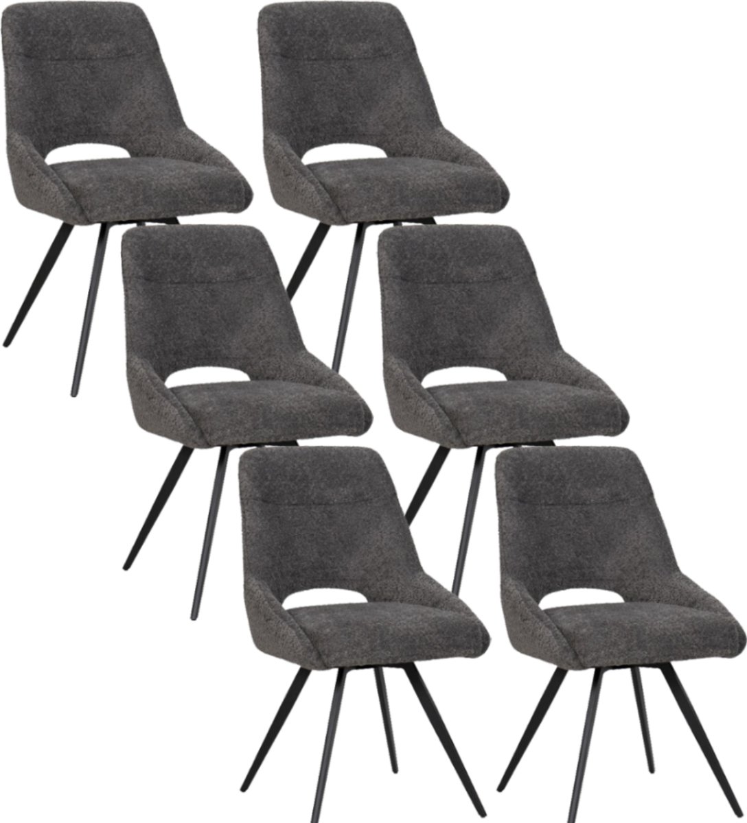 BukkitBow Eetkamerstoel / Keukenstoel - Geschikt als Make-up Stoel - Chenille & Metalen Onderstel - Chenille Stof - Donker Grijs - 6 Stuks