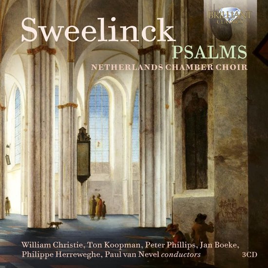 Boekcover met schilderij van een kerkinterieur met pilaren en glas-in-loodramen. Tekst: 'Sweelinck PSALMS NETHERLANDS CHAMBER CHOIR'.