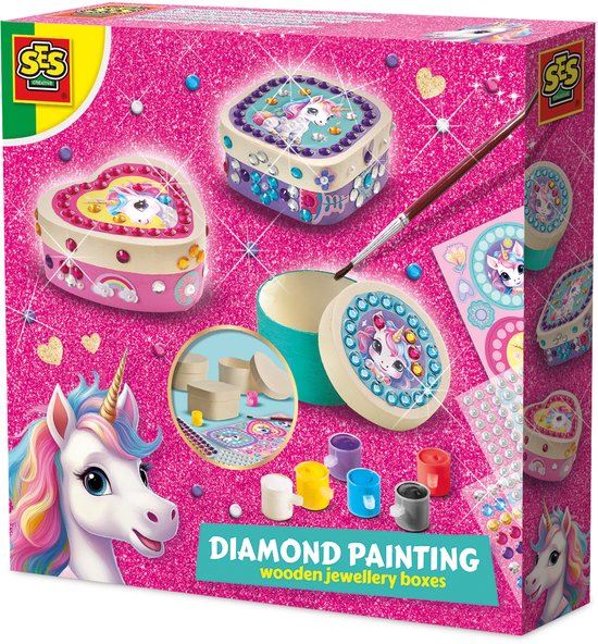 SES Creative - Hobby Pink - Unicorn - Diamant Painting - Knutselen Meisjes - Houten Sieradenboxen - Vanaf 5 jaar