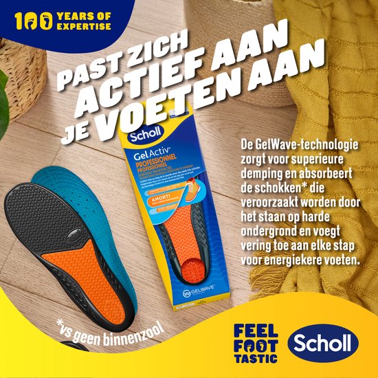 Semelles Scholl GelActiv Professionnel dans leur emballage et une semelle orange/noire séparée, avec du texte sur l'amorti et l'énergie.