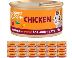 Edgard & Cooper Kattenvoer Graanvrij Natvoer voor Katten Gesteriliseerde of Actieve Kat Natuurlijke Stukjes in Saus 85g x 18 Verse Kip, Smakelijk en Uitgebalanceerd, Vers Vlees