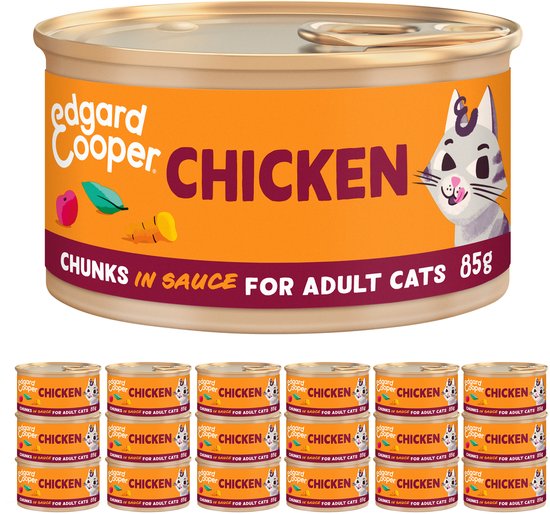 Edgard & Cooper Kattenvoer Graanvrij Natvoer voor Katten Gesteriliseerde of Actieve Kat Natuurlijke Stukjes in Saus 85g x 18 Verse Kip, Smakelijk en Uitgebalanceerd, Vers Vlees